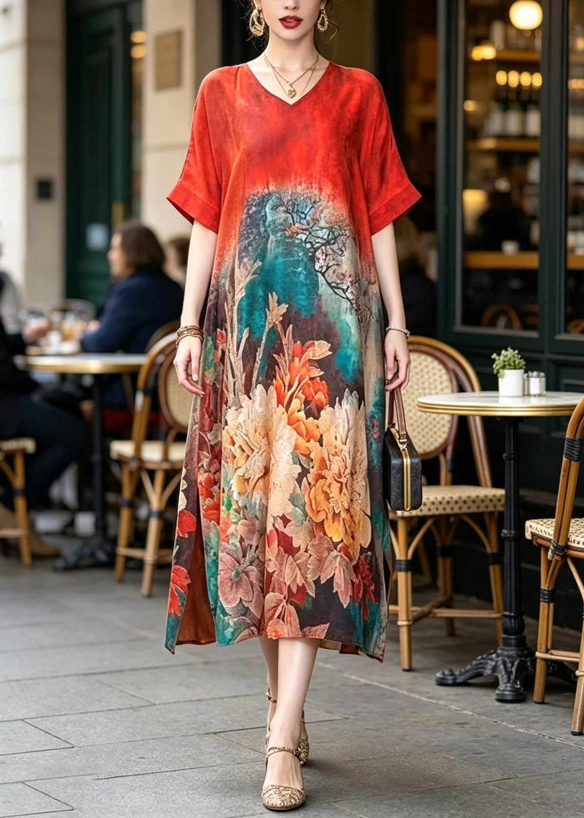 V-Neck Landscape Print Kimono Sleeve Side Slit Maxi Dress