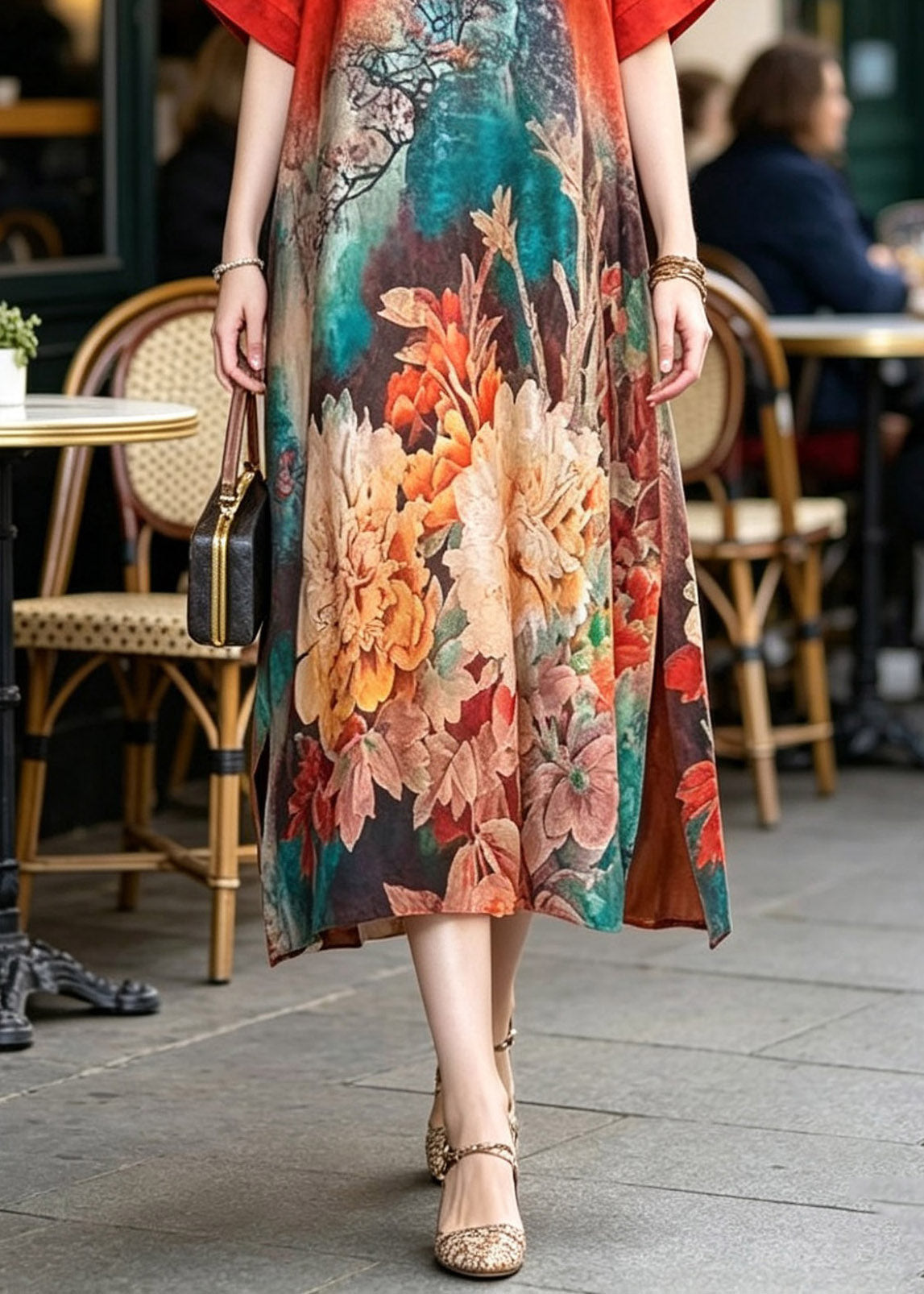 V-Neck Landscape Print Kimono Sleeve Side Slit Maxi Dress