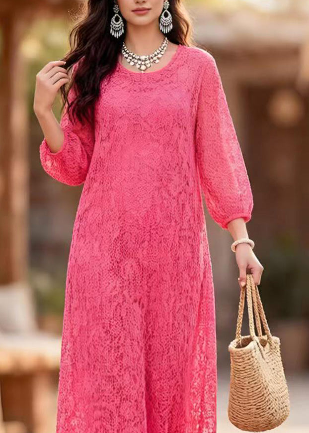 Round Neck Three-Quarter Sleeve Puff Cuff Floral Lace Shift Maxi Dress