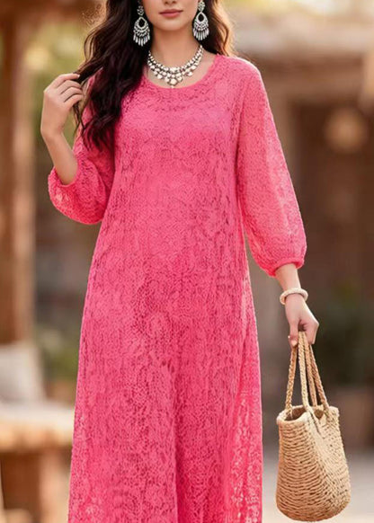 Round Neck Three-Quarter Sleeve Puff Cuff Floral Lace Shift Maxi Dress