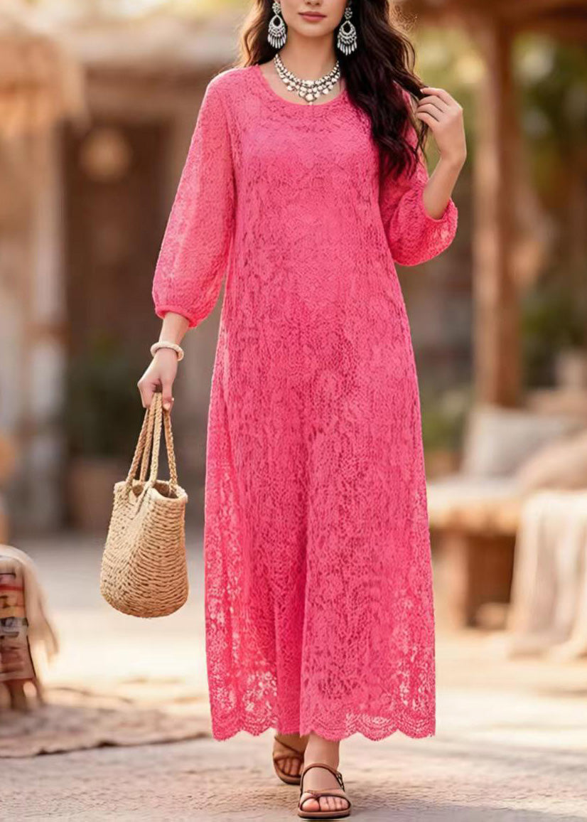 Round Neck Three-Quarter Sleeve Puff Cuff Floral Lace Shift Maxi Dress