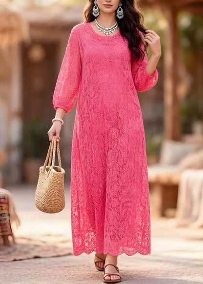 Round Neck Three-Quarter Sleeve Puff Cuff Floral Lace Shift Maxi Dress