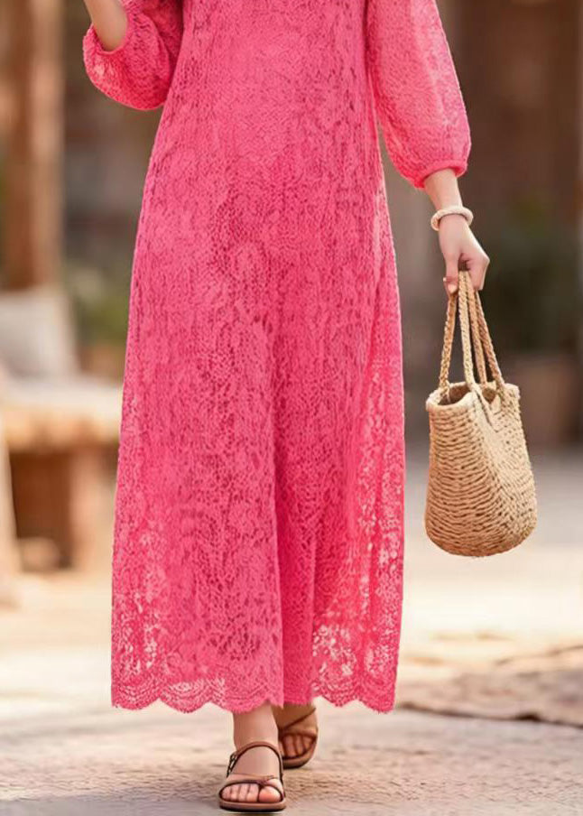 Round Neck Three-Quarter Sleeve Puff Cuff Floral Lace Shift Maxi Dress