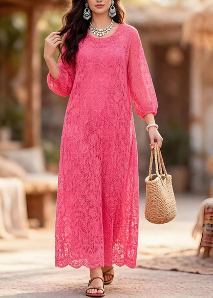 Round Neck Three-Quarter Sleeve Puff Cuff Floral Lace Shift Maxi Dress