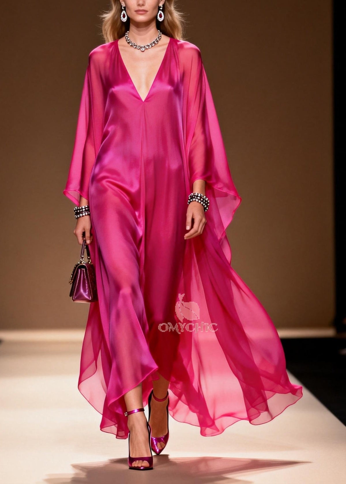 Deep V-Neck Cape Sleeve Satin Chiffon Maxi Dress
