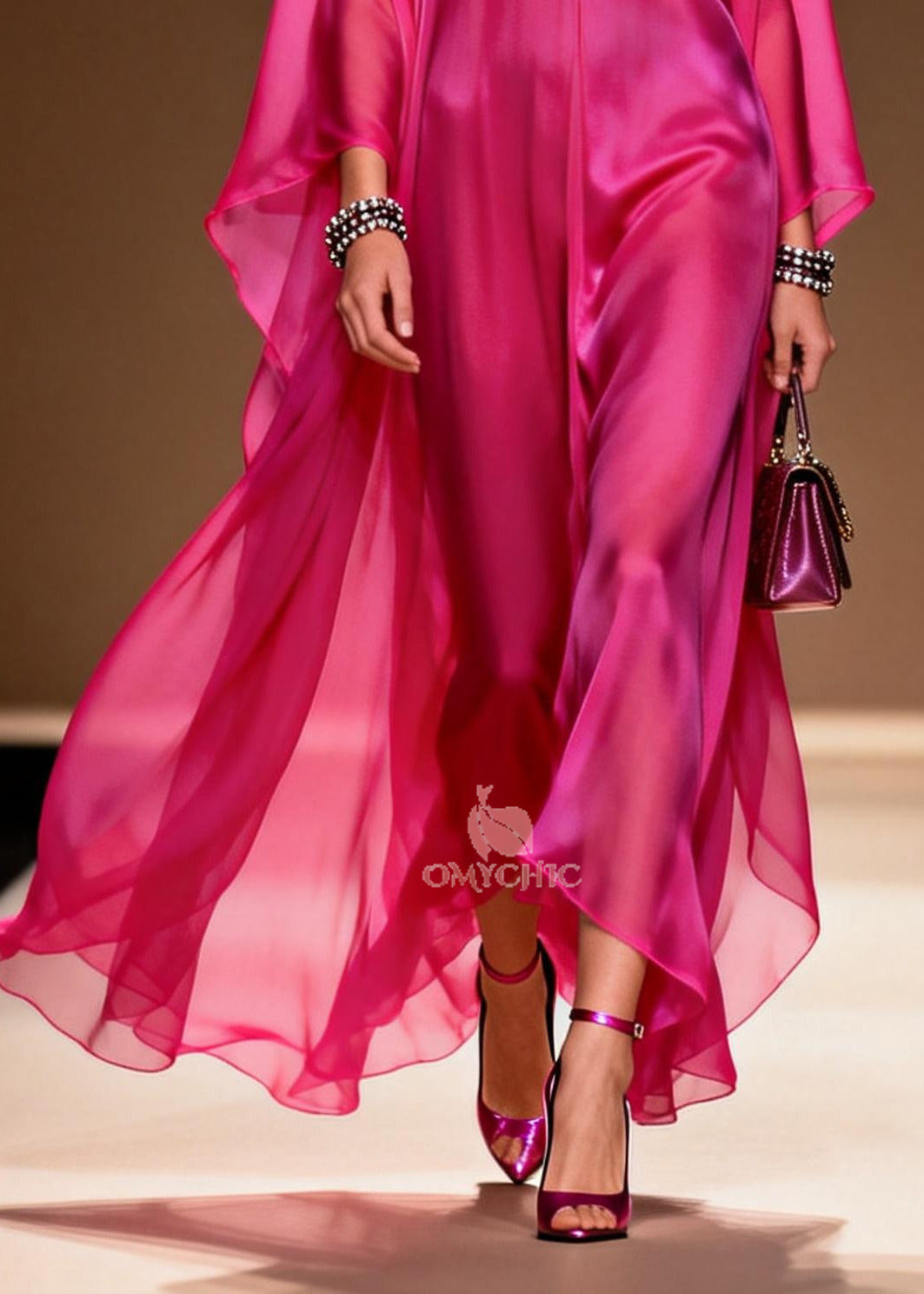Deep V-Neck Cape Sleeve Satin Chiffon Maxi Dress