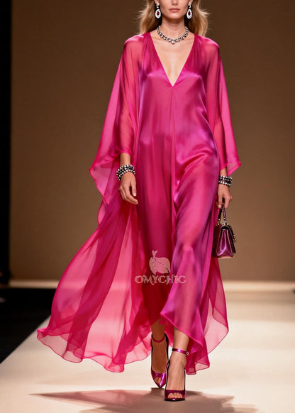 Deep V-Neck Cape Sleeve Satin Chiffon Maxi Dress