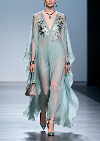 Deep V Neck Embroidered Wave Motif Cape Sleeve Chiffon Maxi Dress