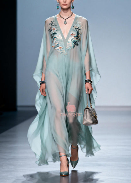 Deep V Neck Embroidered Wave Motif Cape Sleeve Chiffon Maxi Dress