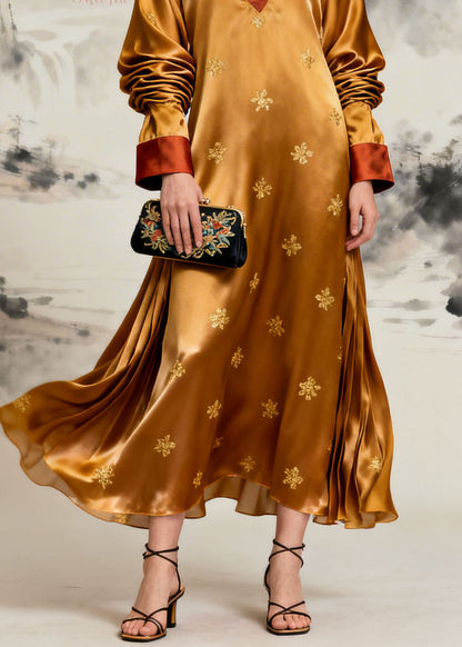 Deep V-Neck Patchwork Wide Sleeve Maxi Kaftan Dress