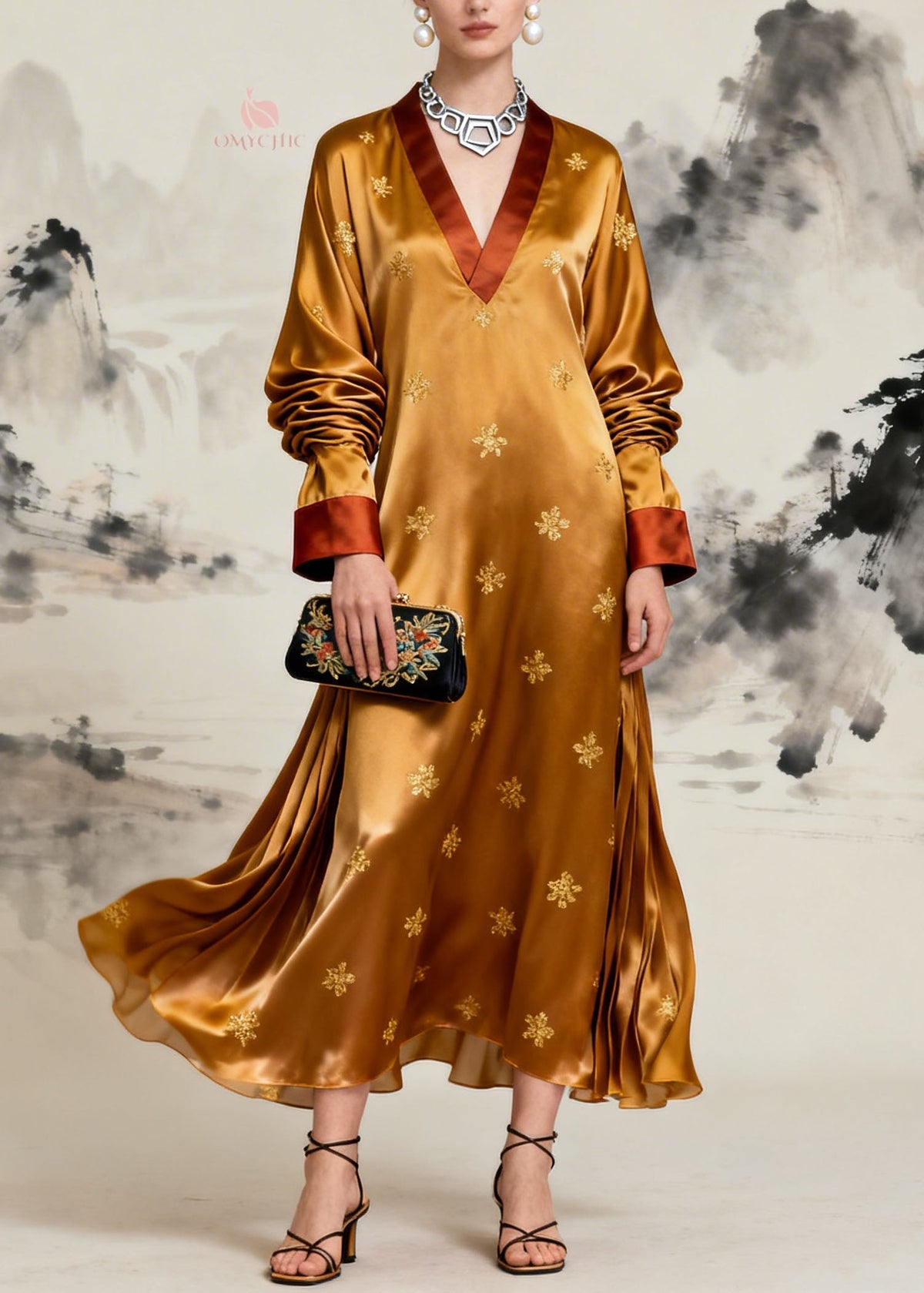Deep V-Neck Patchwork Wide Sleeve Maxi Kaftan Dress