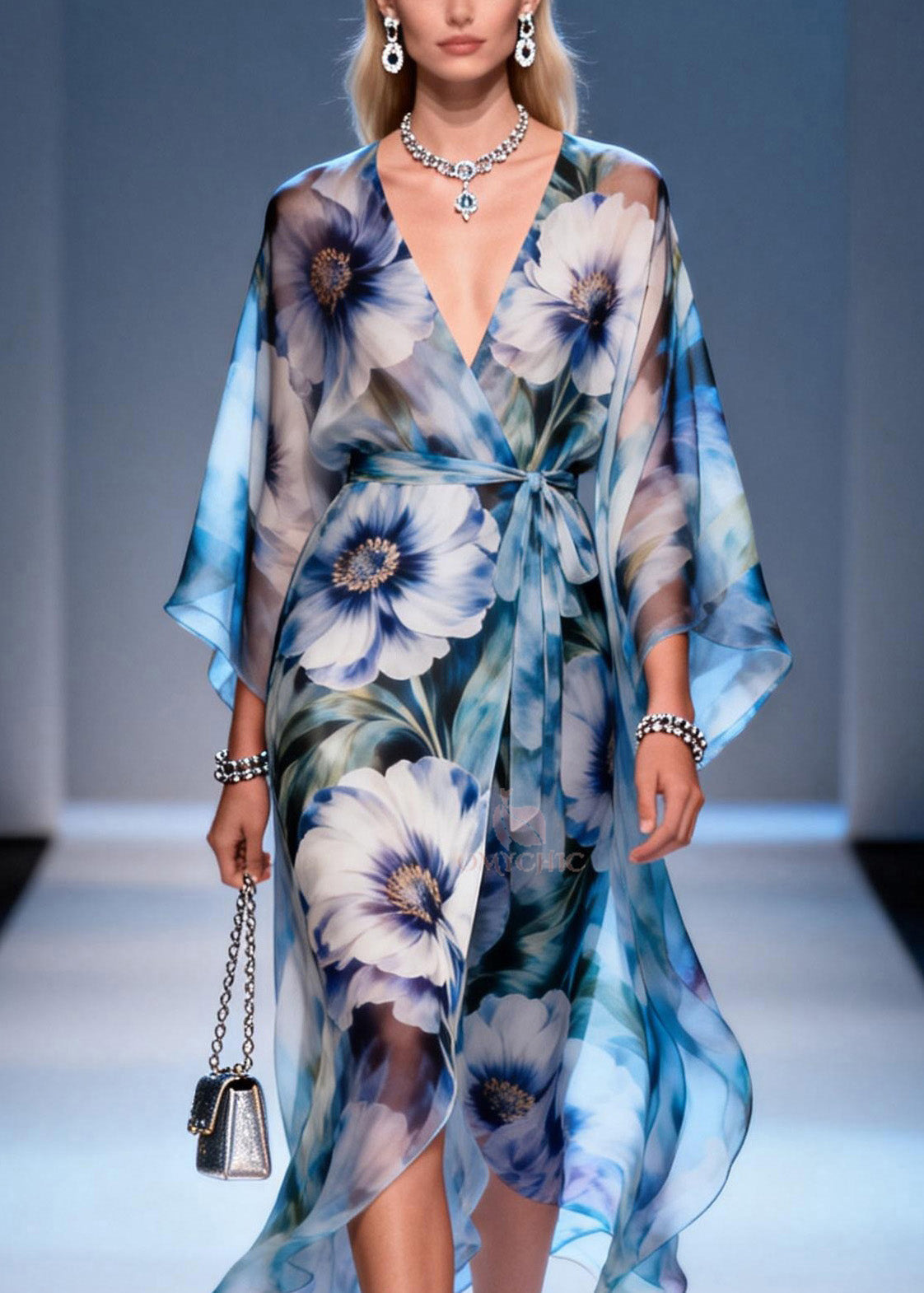Deep V-Neck Kimono Sleeve Wrap Belt Oversized Floral Print Chiffon Midi Dress