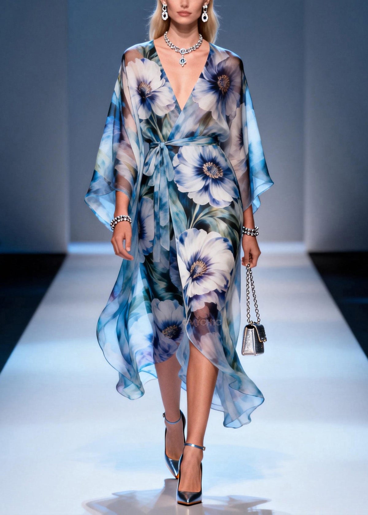 Deep V-Neck Kimono Sleeve Wrap Belt Oversized Floral Print Chiffon Midi Dress