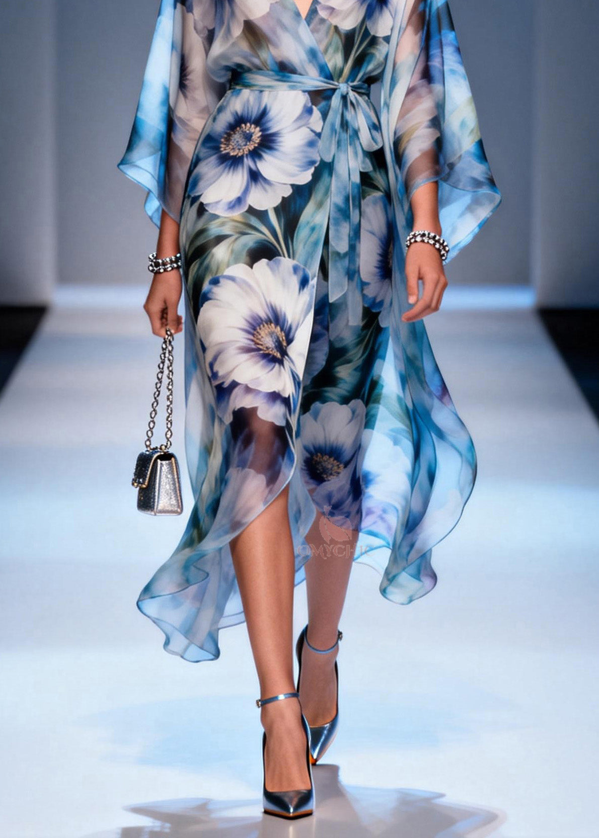 Deep V-Neck Kimono Sleeve Wrap Belt Oversized Floral Print Chiffon Midi Dress