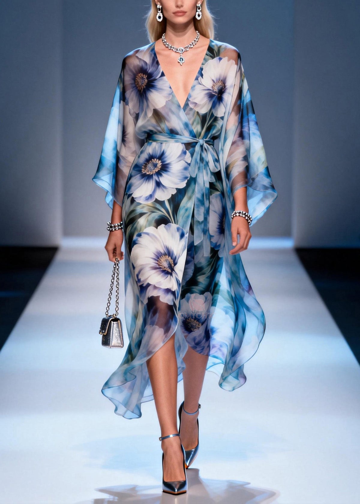 Deep V-Neck Kimono Sleeve Wrap Belt Oversized Floral Print Chiffon Midi Dress