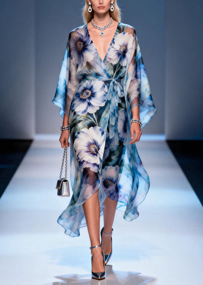 Deep V-Neck Kimono Sleeve Wrap Belt Oversized Floral Print Chiffon Midi Dress