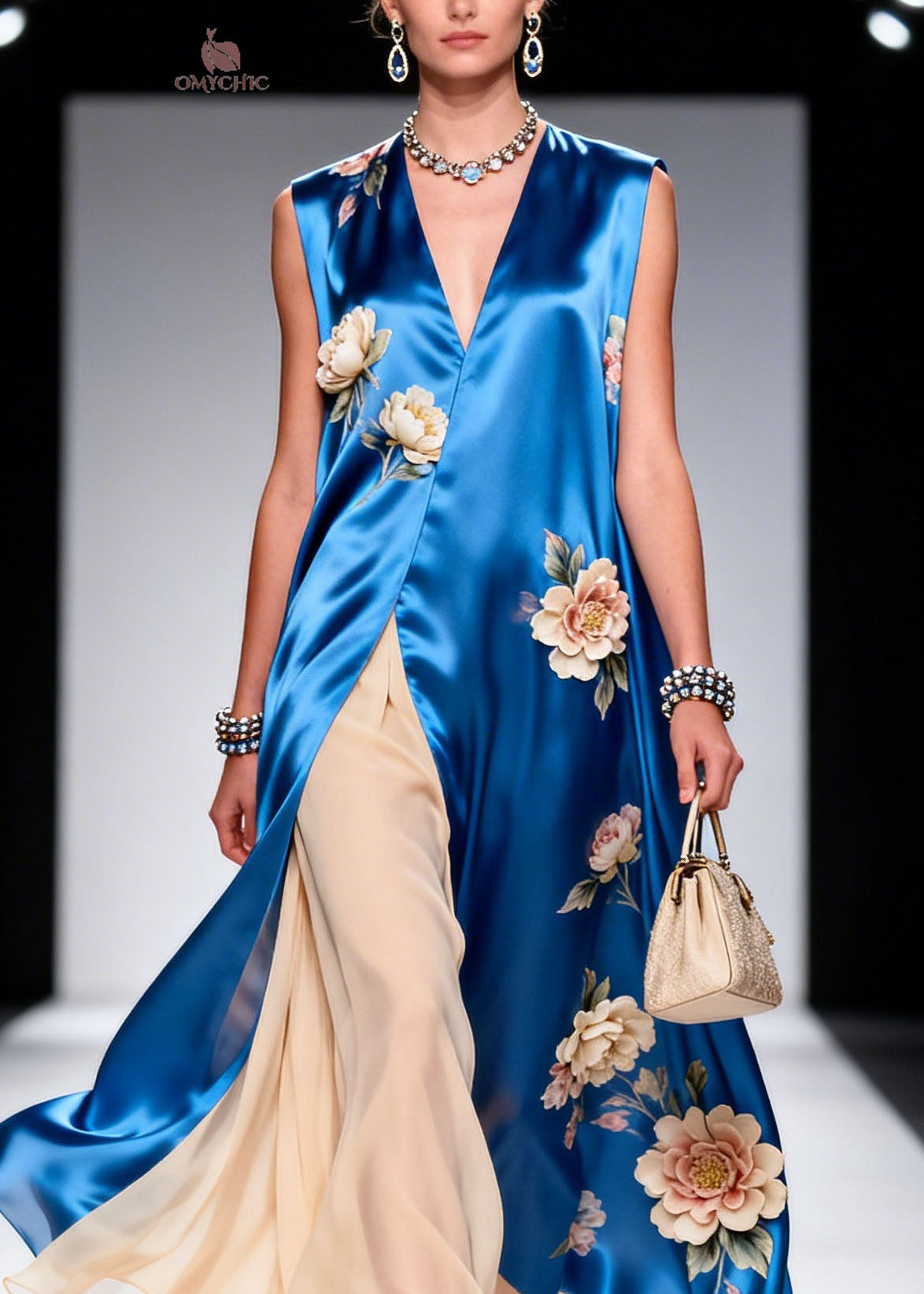 Deep V Neck Floral Applique Satin Tunic Pleated Chiffon Maxi Dress