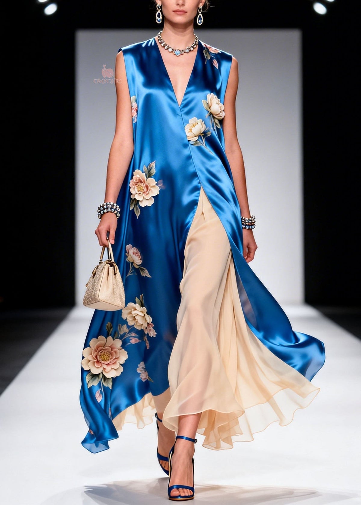Deep V Neck Floral Applique Satin Tunic Pleated Chiffon Maxi Dress
