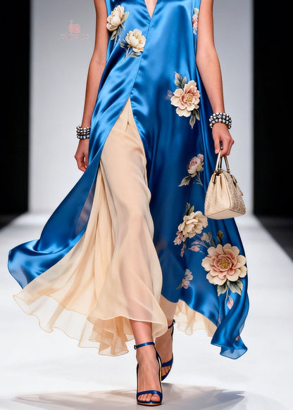 Deep V Neck Floral Applique Satin Tunic Pleated Chiffon Maxi Dress