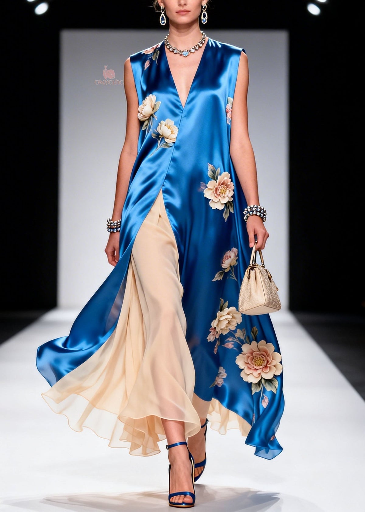 Deep V Neck Floral Applique Satin Tunic Pleated Chiffon Maxi Dress