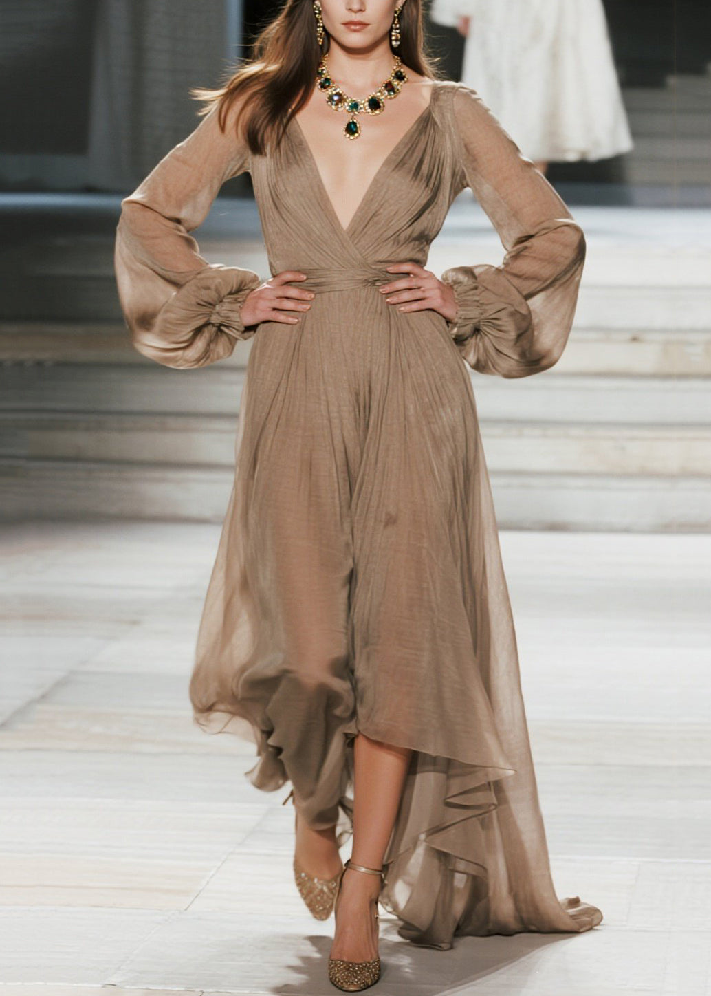 Deep V-Neck Bishop Sleeve Tie Waist Crinkle Gauze High-Low Hem Maxi Dress