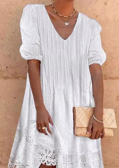 V-Neck Puff Sleeve Pintuck Swiss Dot Crochet Lace Hem Mini Dress