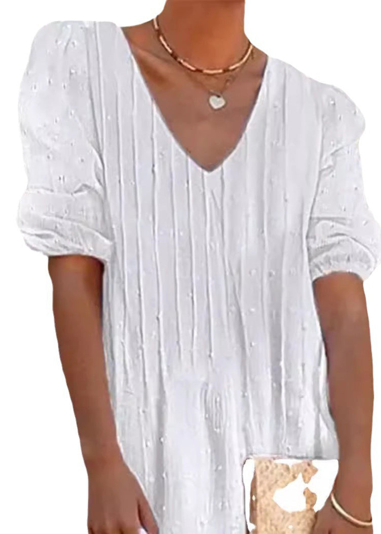 V-Neck Puff Sleeve Pintuck Swiss Dot Crochet Lace Hem Mini Dress