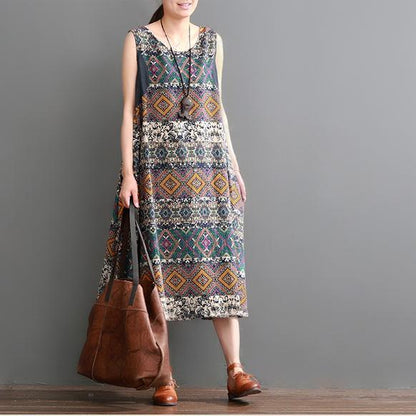 Round Neck Horizontal Band Ethnic Print Side Panel Midi Dress
