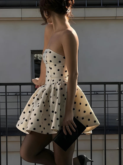 Strapless Polka Dot Back Bow Zip Back Flared Mini Dress