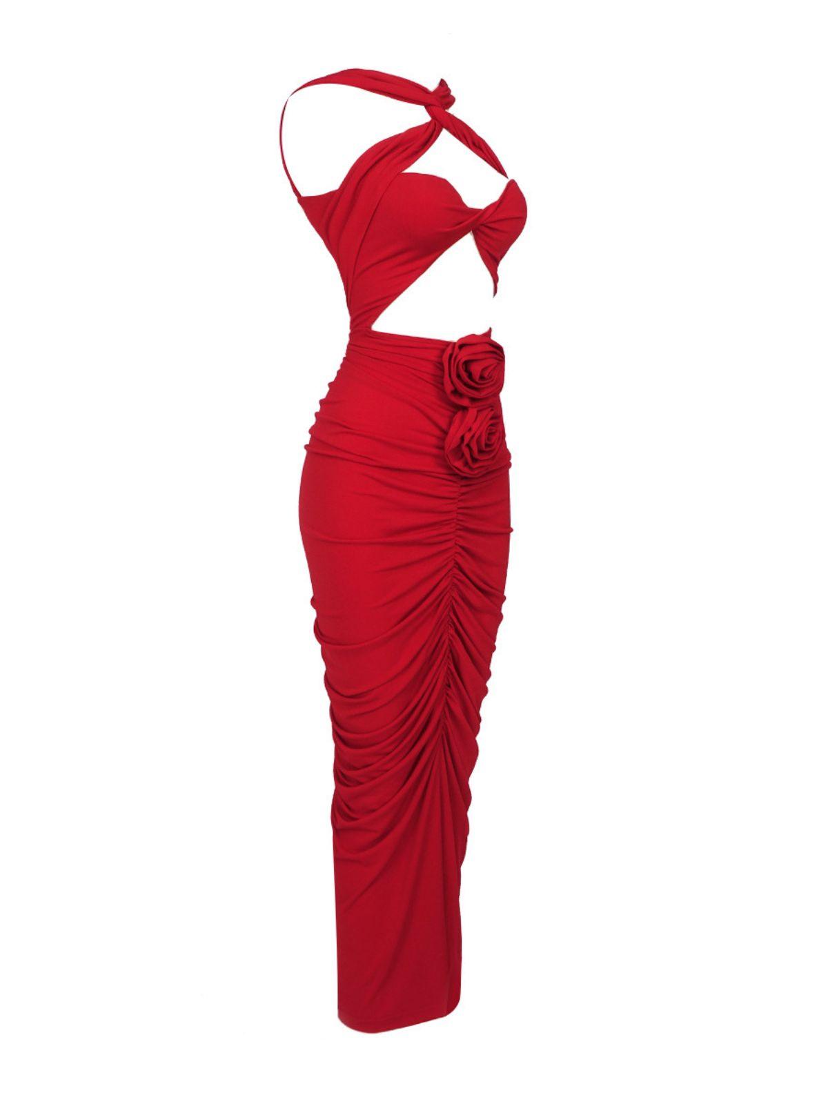 Cross Halter Cutout Maxi Dress with 3D Rosette Appliques and Ruched Skirt