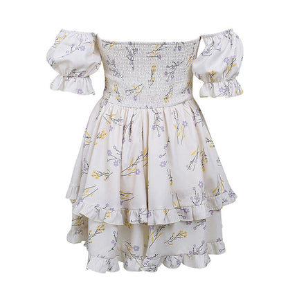 Floral Print Sweetheart Lace Up Puff Sleeve Ruffle Tier Mini Dress