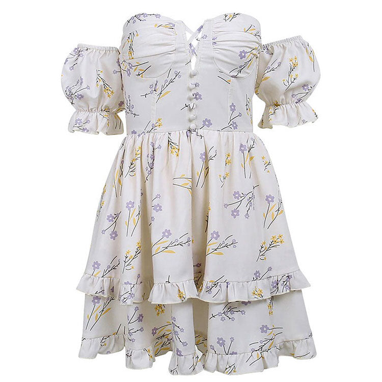 Floral Print Sweetheart Lace Up Puff Sleeve Ruffle Tier Mini Dress