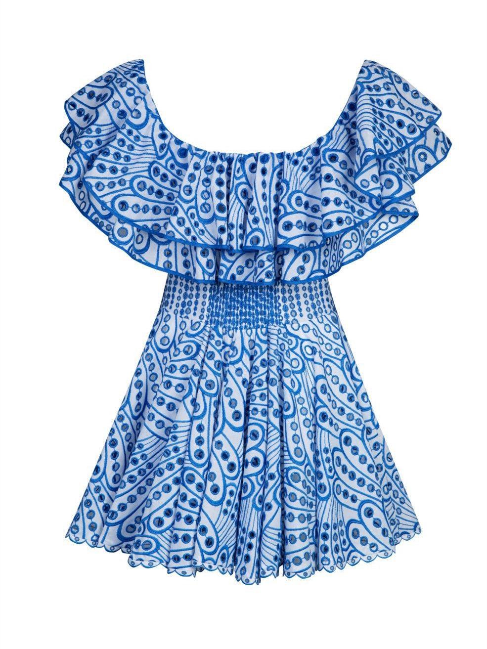Off Shoulder Ruffle Trim Eyelet Embroidered Scallop Hem Mini Dress