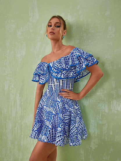 Off Shoulder Ruffle Trim Eyelet Embroidered Scallop Hem Mini Dress