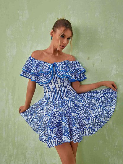 Off Shoulder Ruffle Trim Eyelet Embroidered Scallop Hem Mini Dress