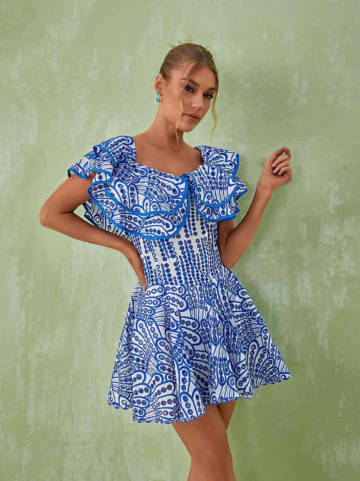 Off Shoulder Ruffle Trim Eyelet Embroidered Scallop Hem Mini Dress