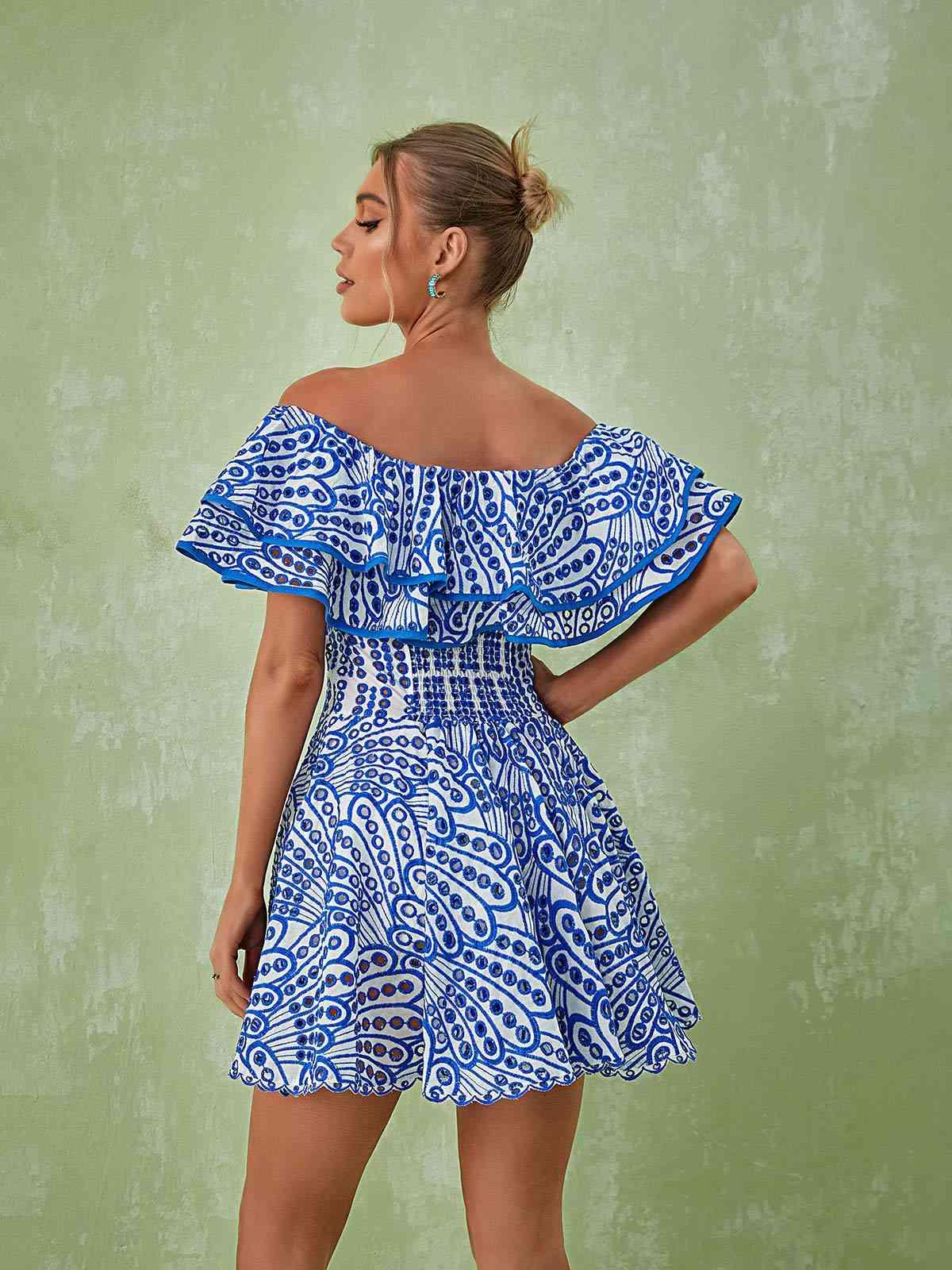 Off Shoulder Ruffle Trim Eyelet Embroidered Scallop Hem Mini Dress