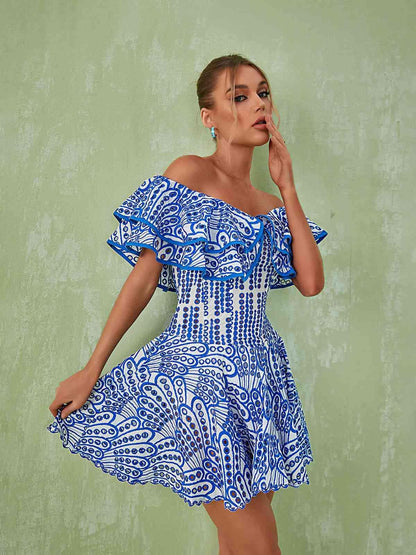 Off Shoulder Ruffle Trim Eyelet Embroidered Scallop Hem Mini Dress