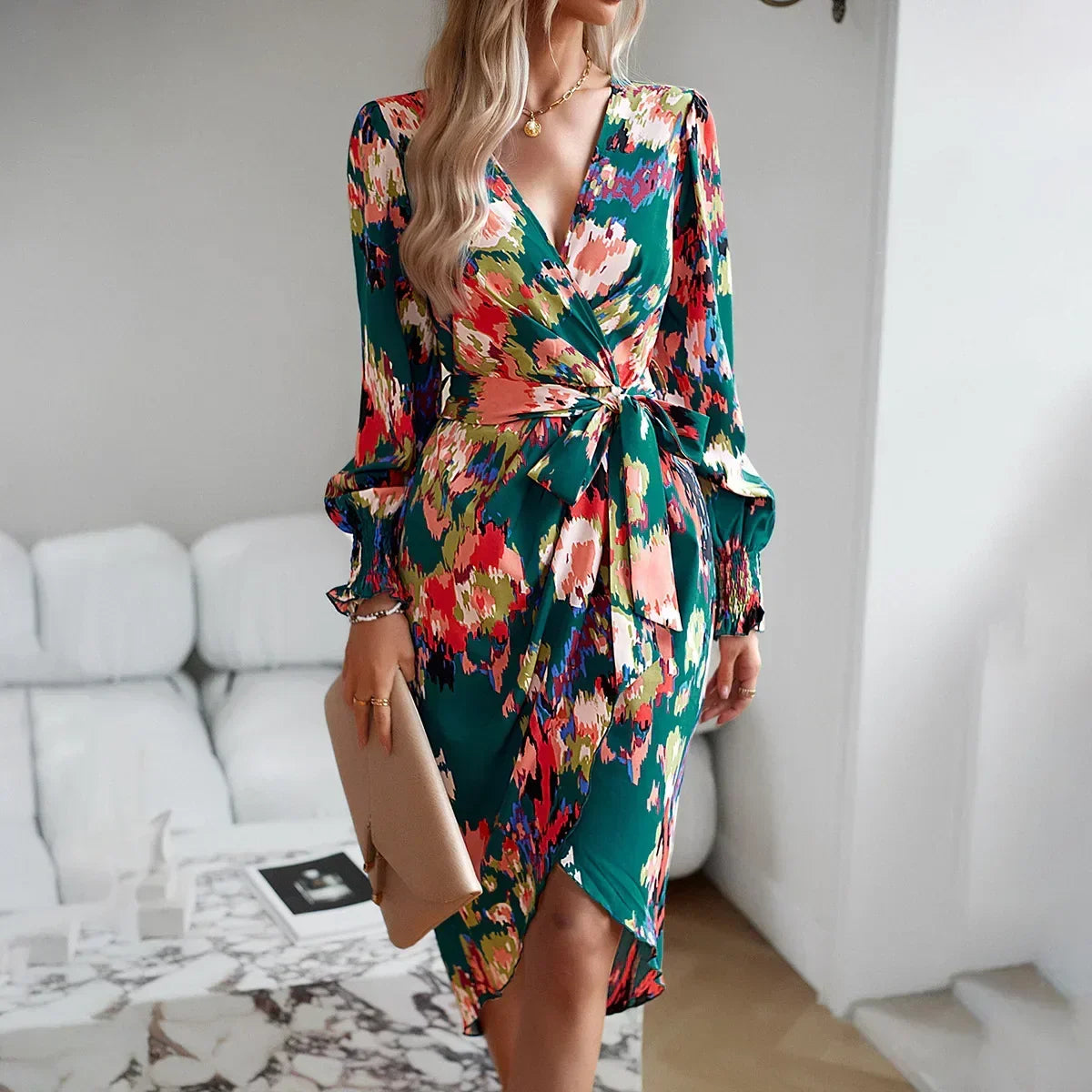 Elegant V-neck Long Boho Printed Dress