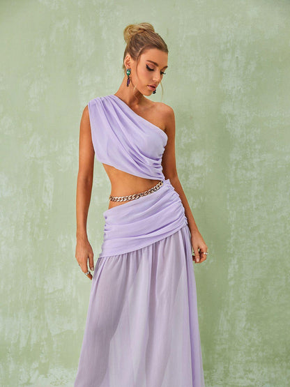 One Shoulder Ruched Waist Cutout Chain Link Pleated Maxi Dress