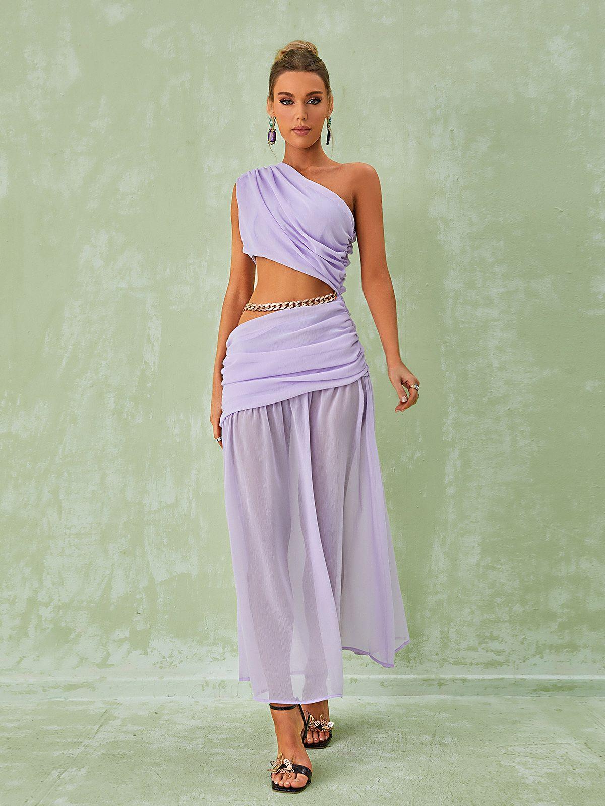 One Shoulder Ruched Waist Cutout Chain Link Pleated Maxi Dress
