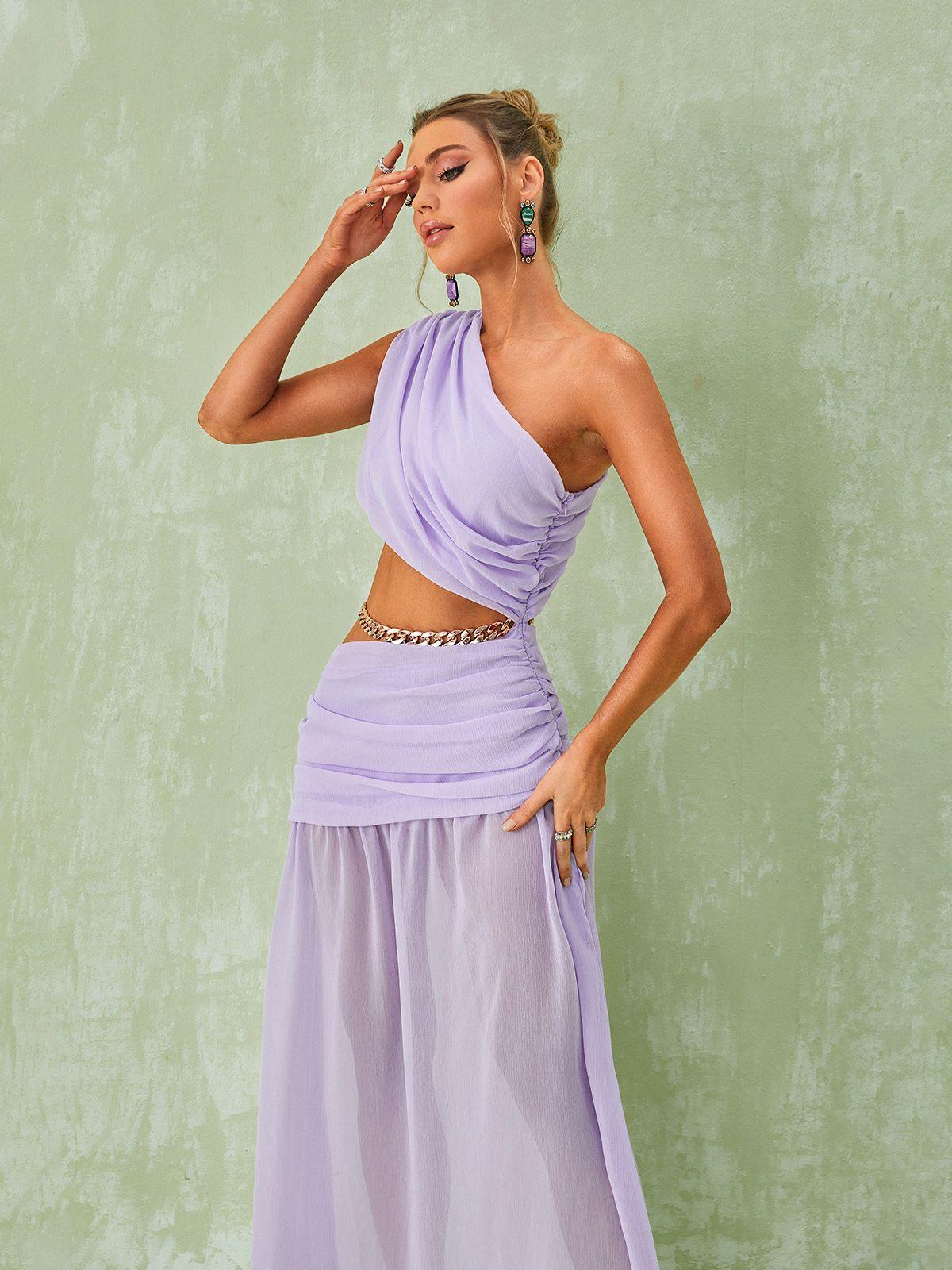 One Shoulder Ruched Waist Cutout Chain Link Pleated Maxi Dress