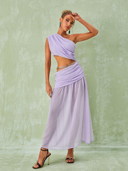 One Shoulder Ruched Waist Cutout Chain Link Pleated Maxi Dress