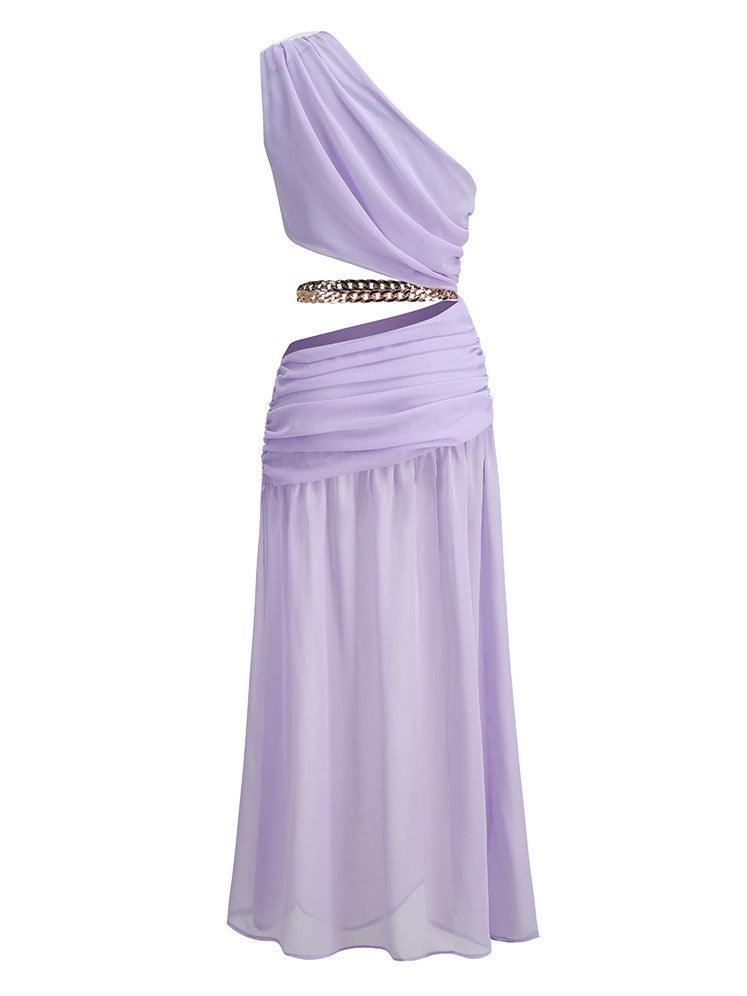 One Shoulder Ruched Waist Cutout Chain Link Pleated Maxi Dress
