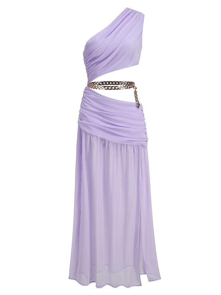 One Shoulder Ruched Waist Cutout Chain Link Pleated Maxi Dress