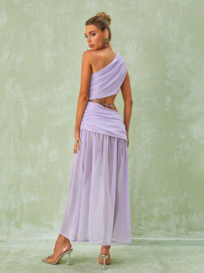 One Shoulder Ruched Waist Cutout Chain Link Pleated Maxi Dress
