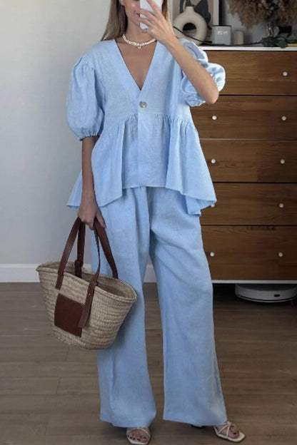 Puff Sleeve V Neck Cotton Sweet Shirt Set