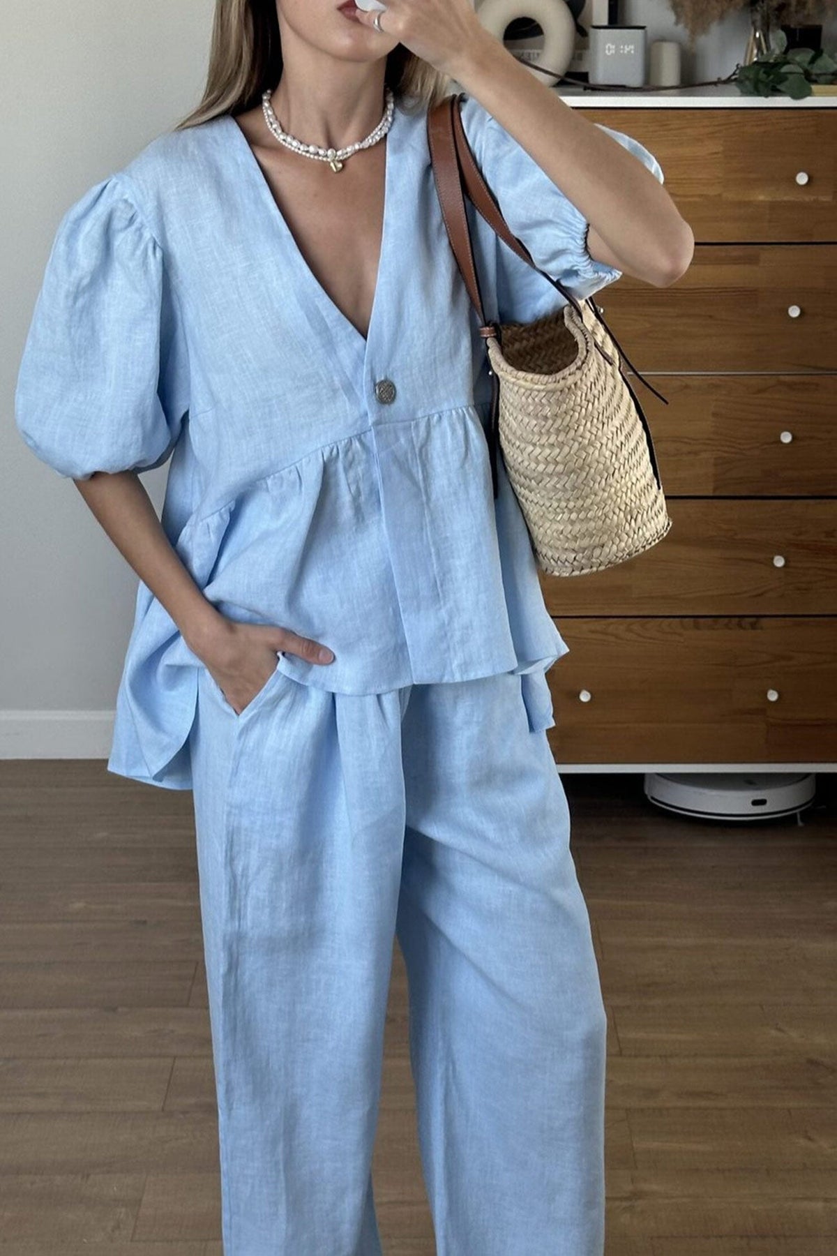 Puff Sleeve V Neck Cotton Sweet Shirt Set