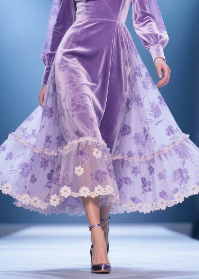 Deep V-Neck Puff Sleeve Velvet Wrap Bodice Lace Trim Floral Mesh Midi Dress