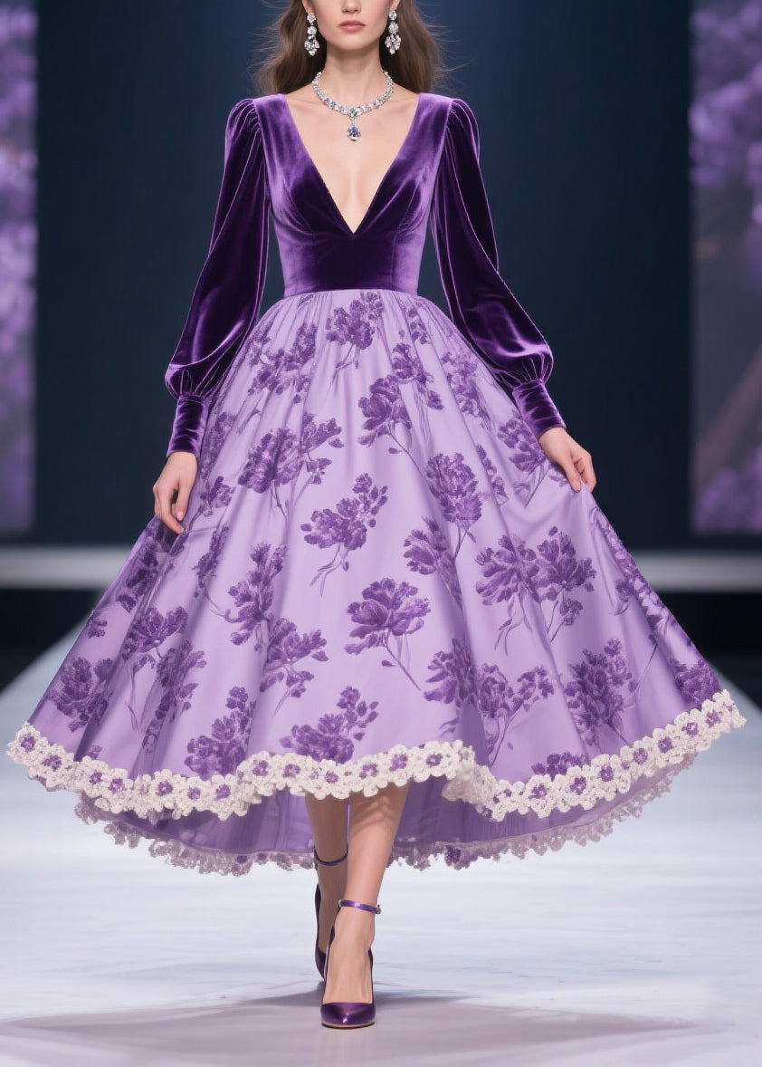 Deep V-Neck Puff Sleeve Floral Print Lace Trim High-Low Velvet Gown